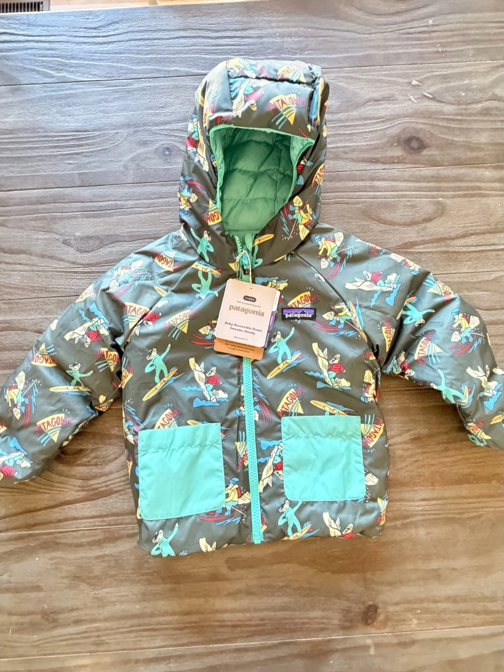 Patagonia Mint Green Hooded Puffer Jacket-baby reversible down sweater hoody